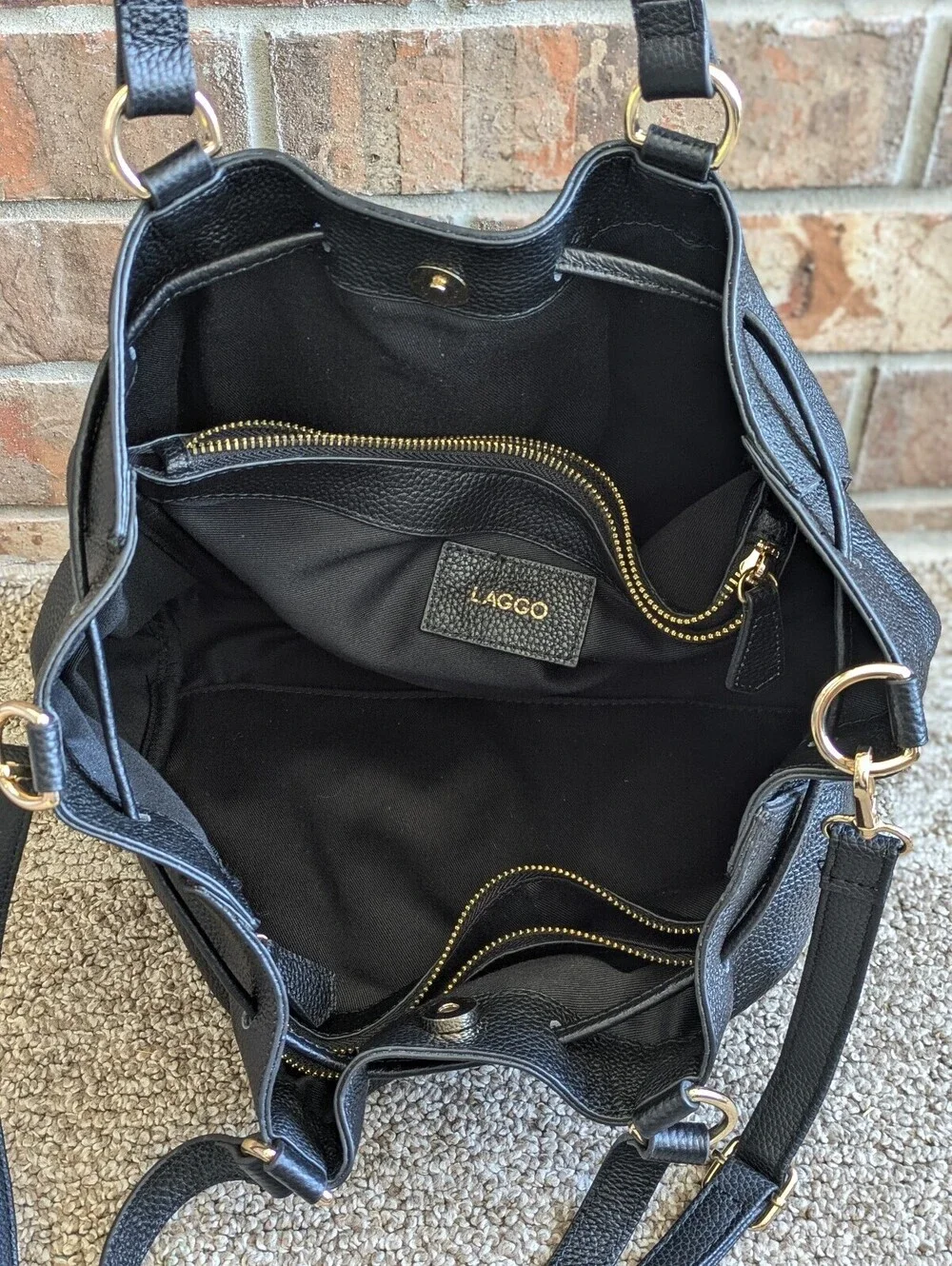 Laggo Taylor Tote Shoulder Bag Black Pebbled Leather Drawstring Satchel Purse